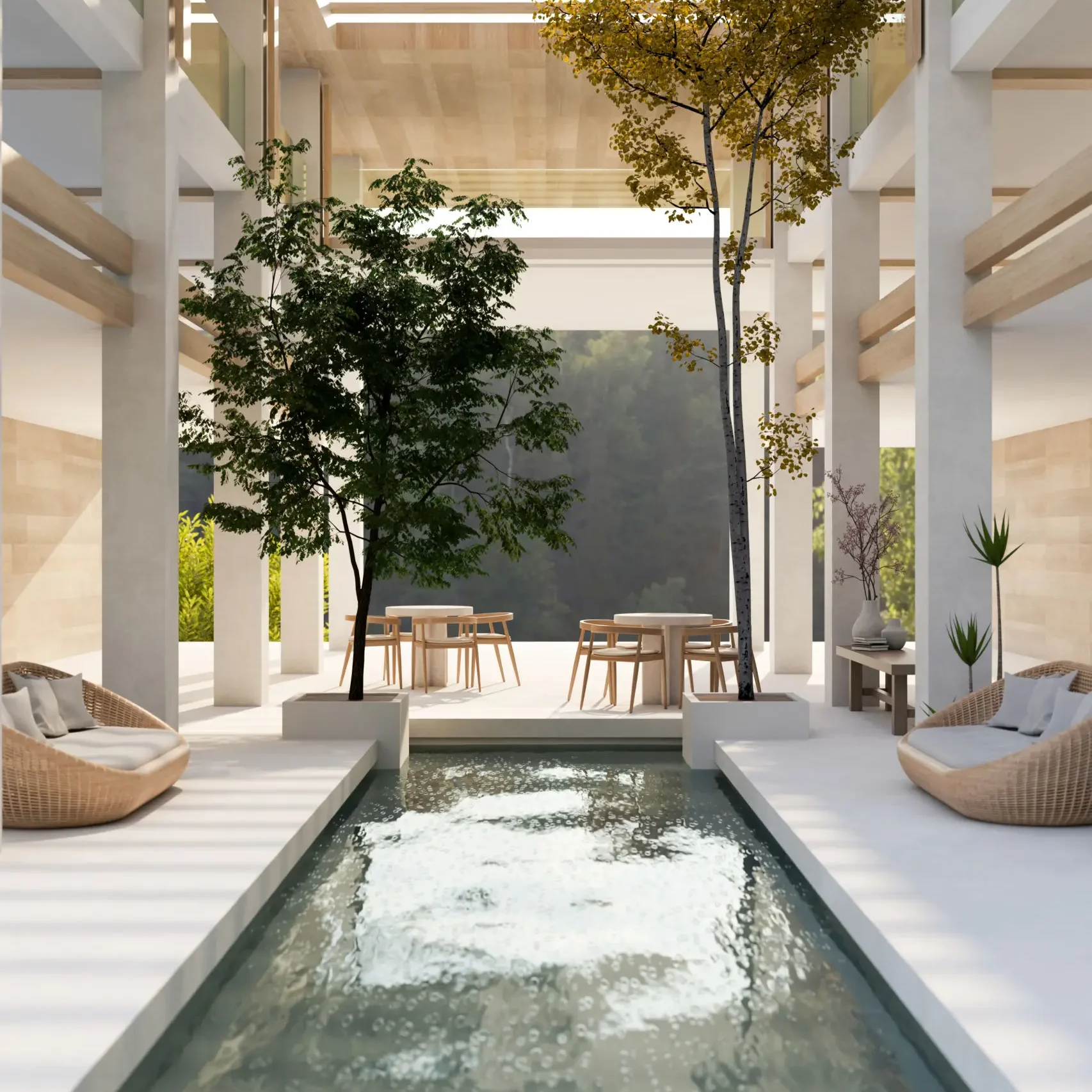 Elegant indoor pool with modern seating and greenery.